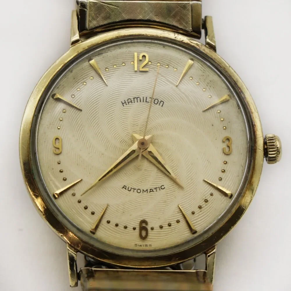 Hamilton Vintage 1950s 10K Gold Filled Automatic Swirled Guilloché Dial Watch